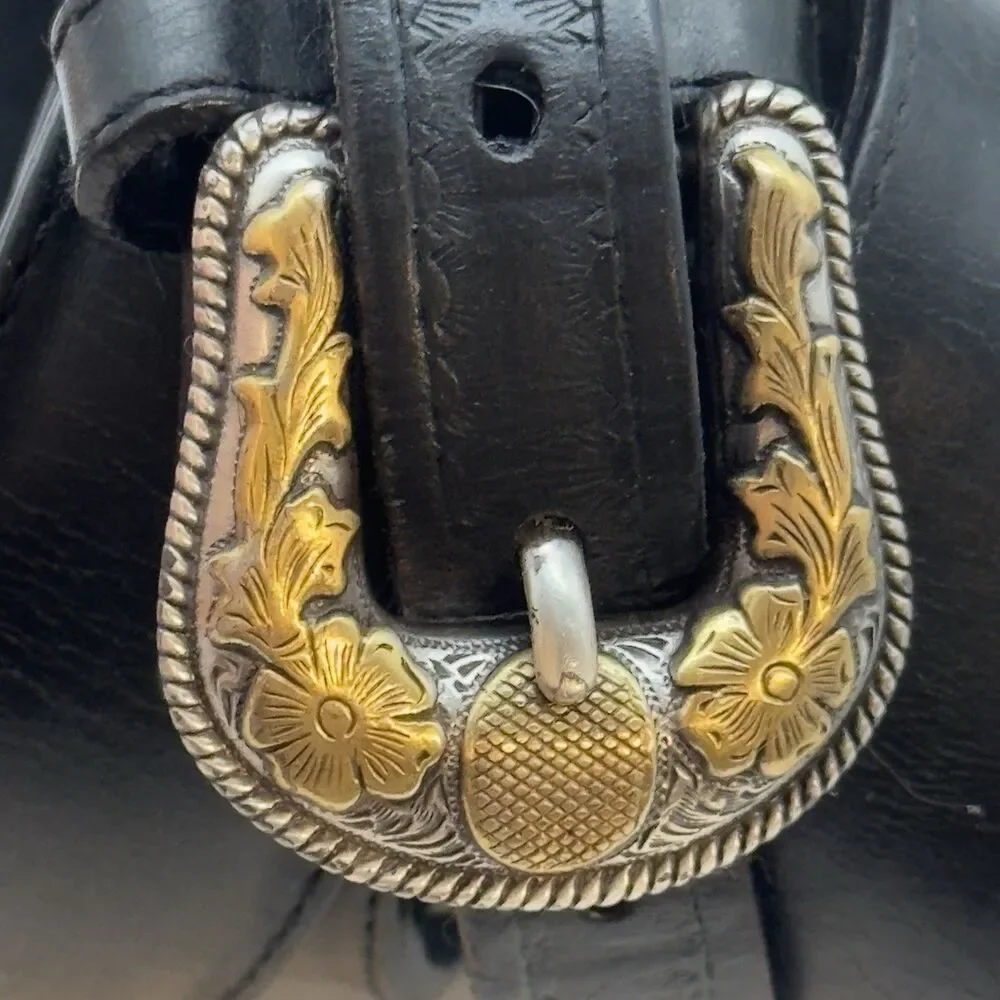 Nocona Black Leather Western Belt Men 40 Engraved Buckle Double Keeper Metal Tip